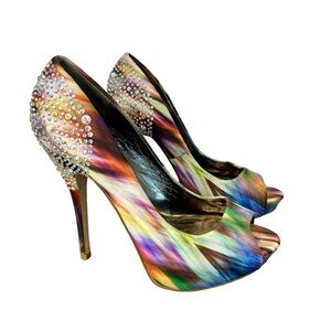 Aldo multicoloured crystal rhinestone embellished bedazzled peep toe high heels